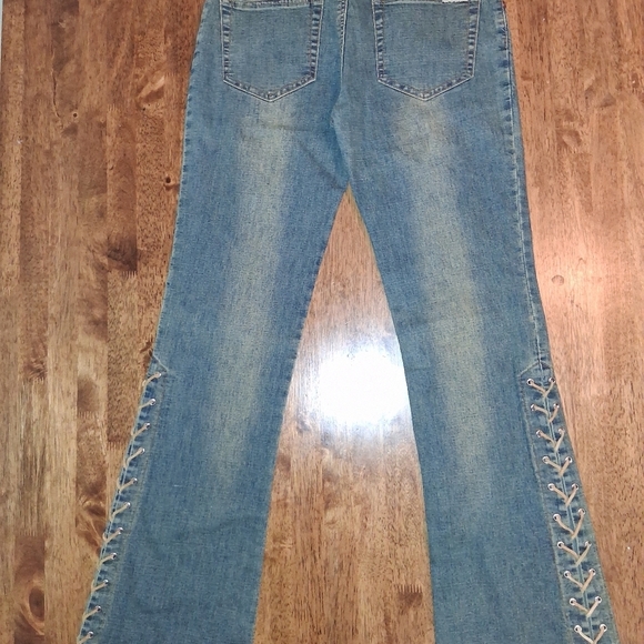 Max Studio Flare Strech Suede side laced Blue Jeans Y2K Size 8 - Picture 7 of 8
